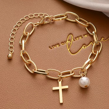 Womens Oval Link Bracelet With Cross Charm and Faux Pearl